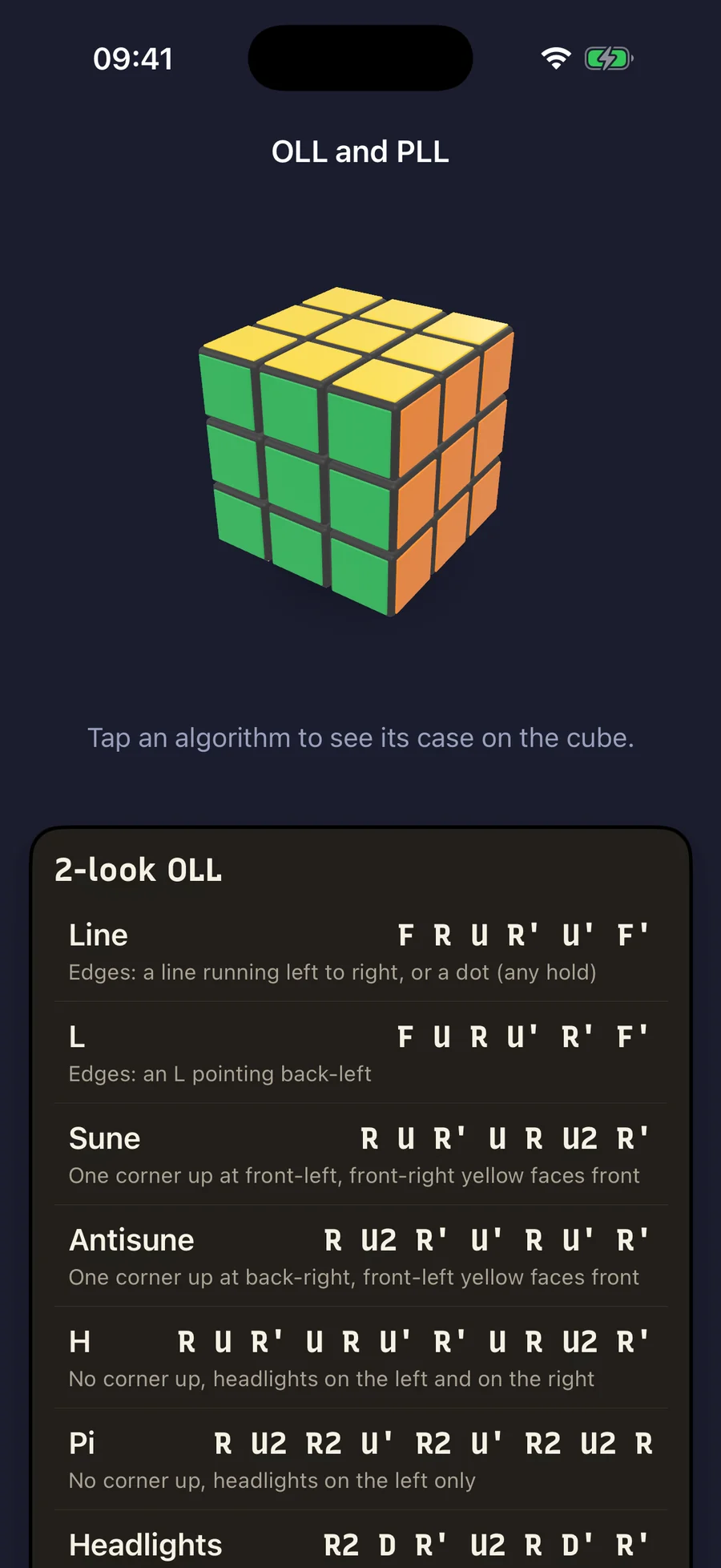 Algorithms in dark mode: 2-look OLL, 2-look PLL, full PLL and full OLL, learned case by case on your own cube.