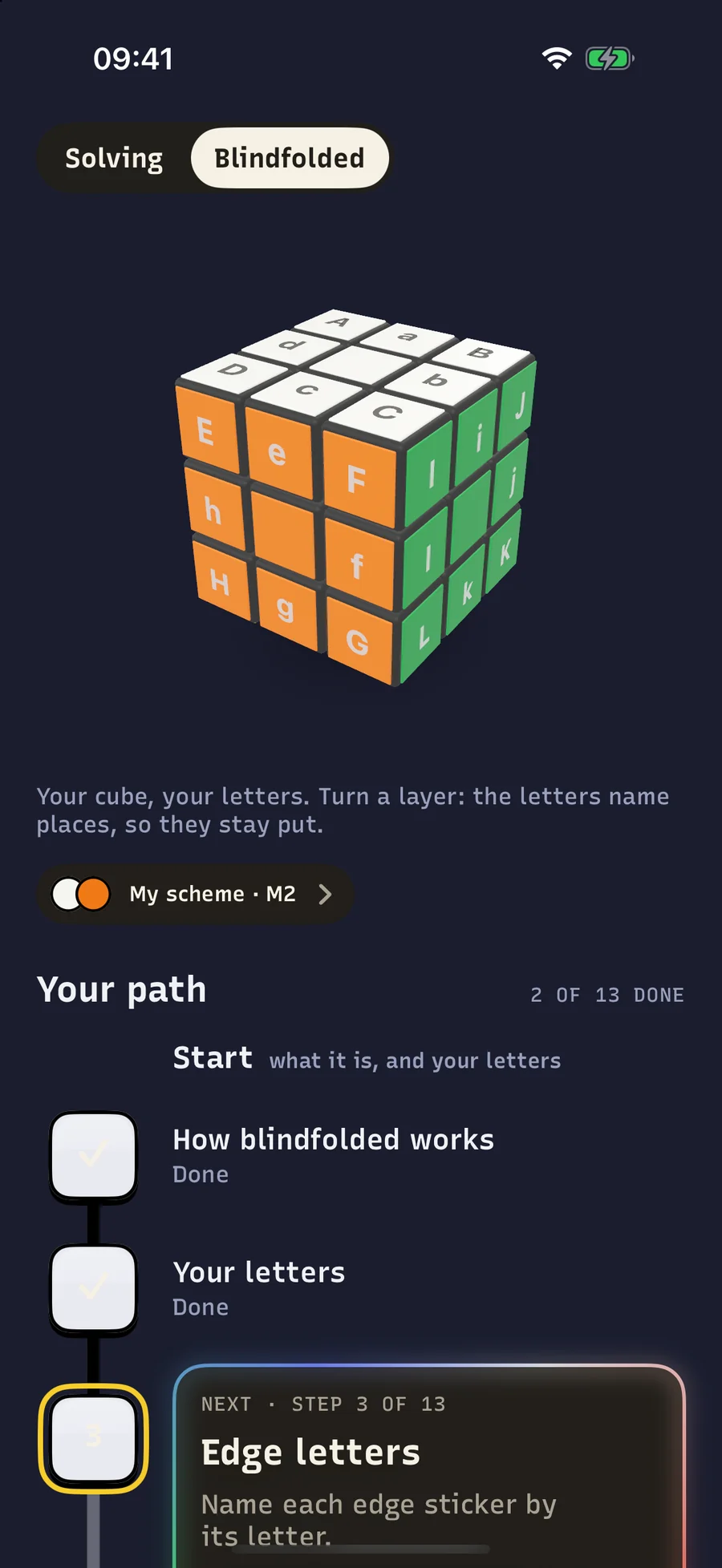 The blindfolded path in dark mode: a letter on every sticker of your cube, and the steps from your letters to your first blind solve.