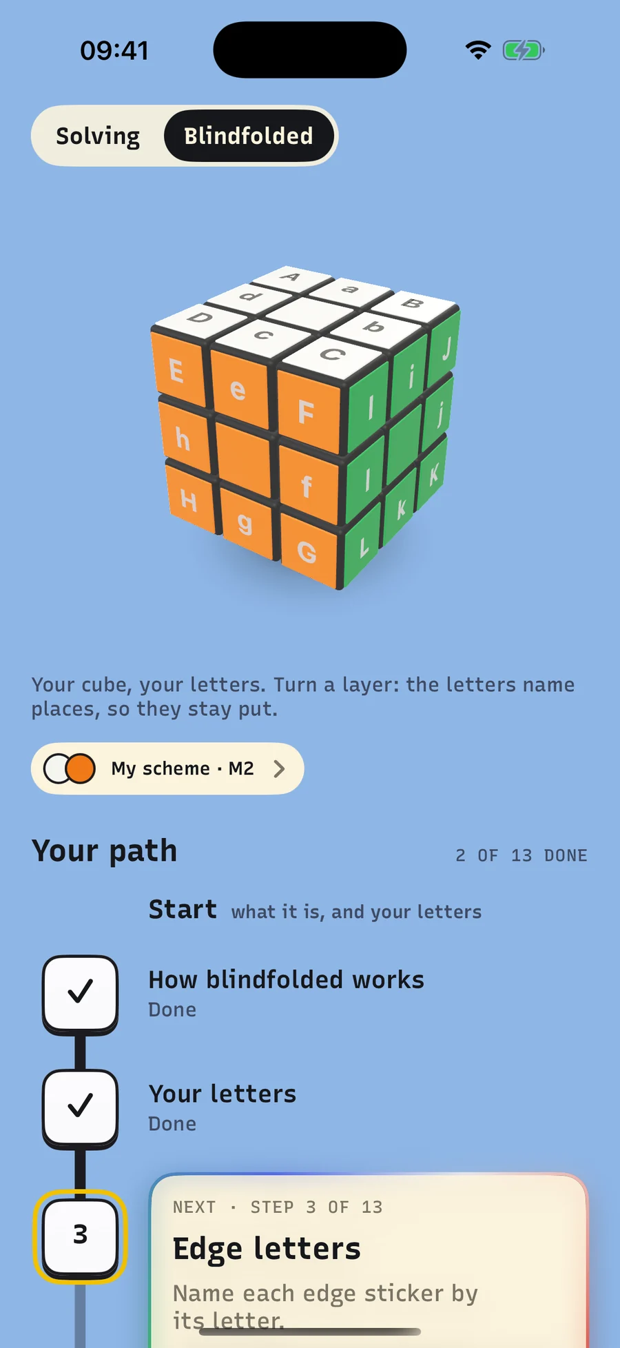 The blindfolded path: your cube with a letter on every sticker, and the steps from your letters to your first blind solve.