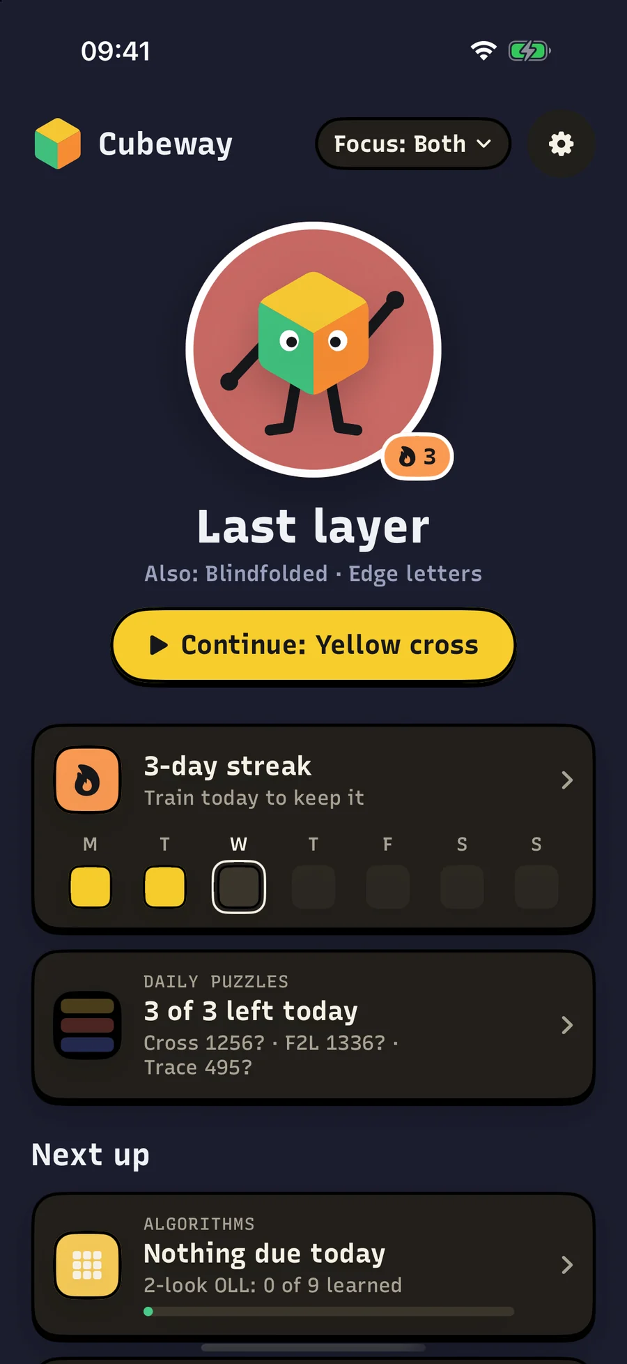 Home in dark mode: your level, the next step, a three-day streak, today's puzzles done and what is next up.
