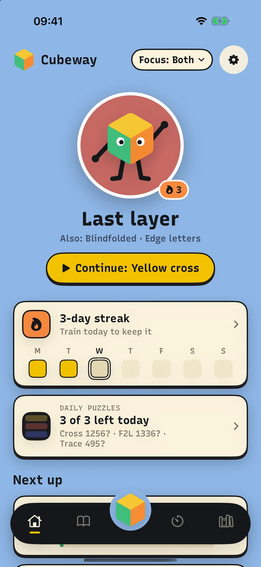 Home with the tabs unrolled from the cube: Home, Learn, Train and Library. Your level, what you are working on, a three-day streak and today's puzzles done.