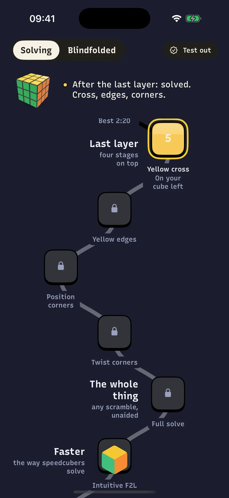 The Learn map in dark mode, further up the climb: the last layer is open and the cube at the top shows two layers solved.