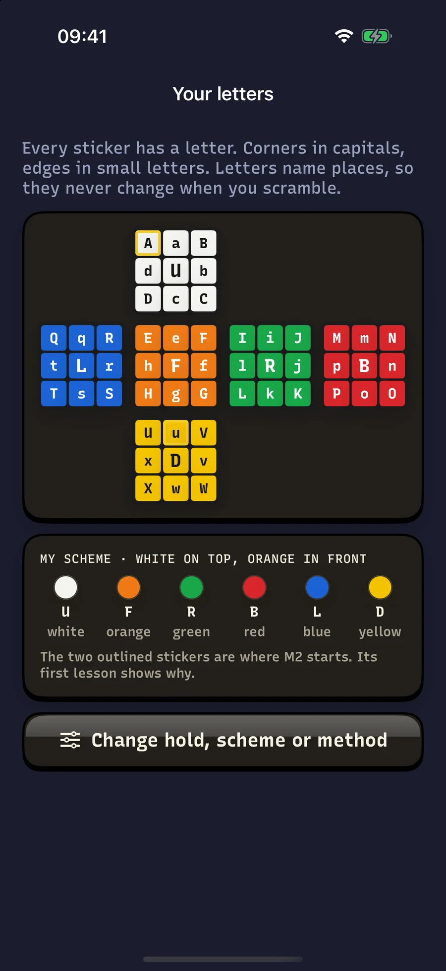 Your letters, in dark mode: the cube opened flat, every sticker with its letter, corners in capitals and edges in small letters.