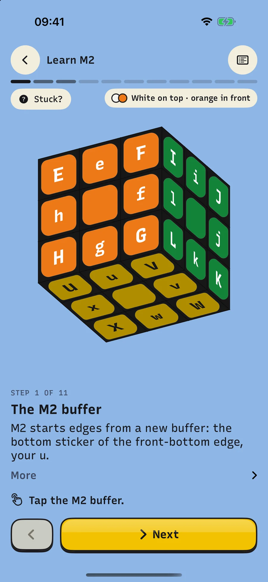 Learn M2, step 1 of 11: the M2 buffer, with every letter shown on the 3D cube.