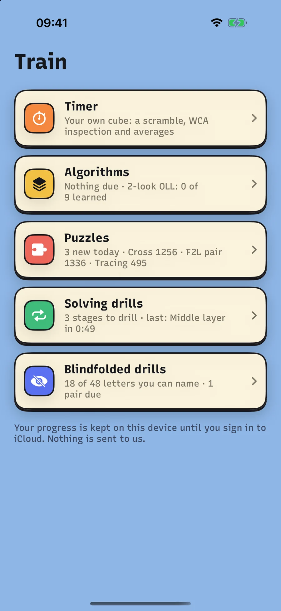 Train: Timer, Algorithms, Puzzles, Solving drills and Blindfolded drills, each in its own colour.
